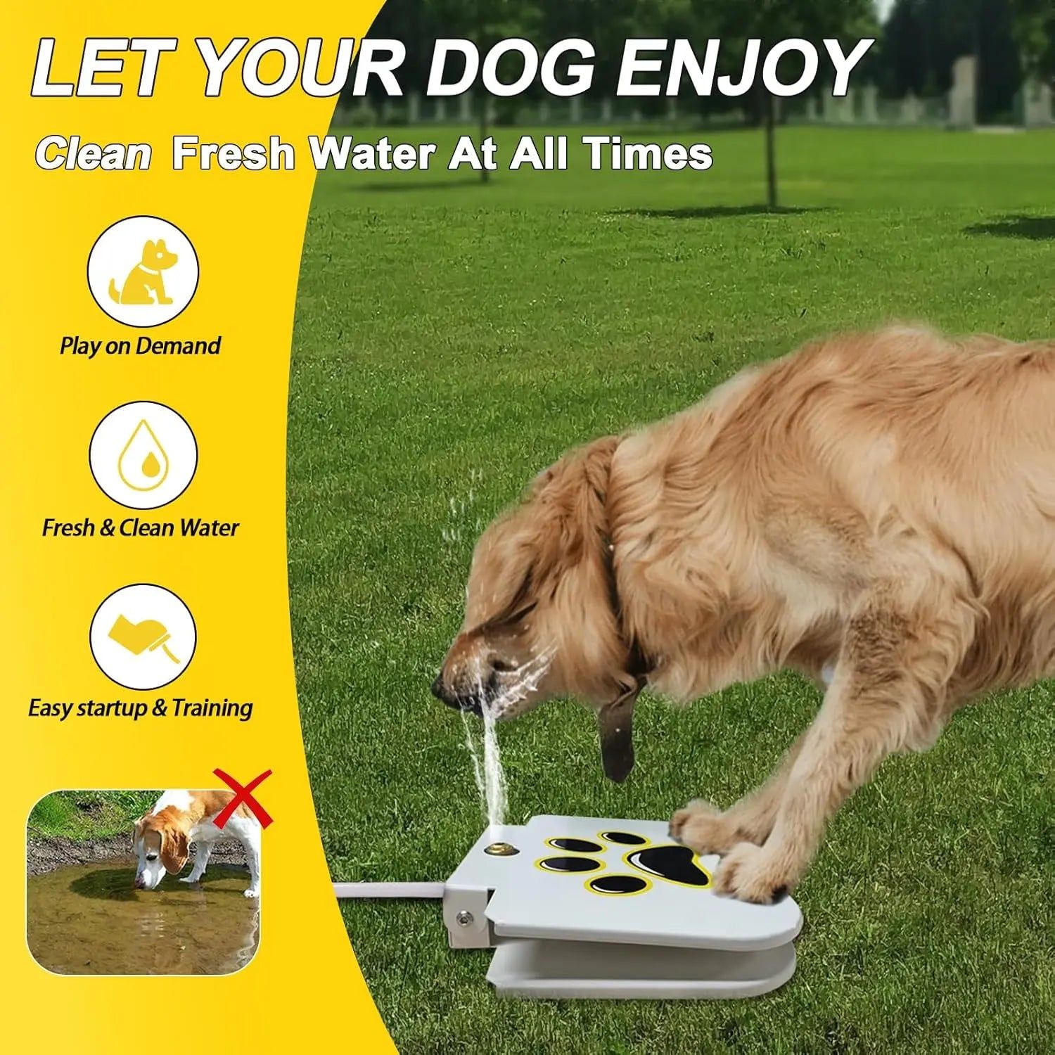 Dog Water Fountain Outdoor Drinking Water Toy for Large Dogs, Paw Activated Water Fountain, Sprinkler Step On, Fun Dog Toys，Includes 304 Stainless Steel Dog Hose